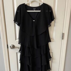 SLNY Black Layered Chiffon Midi Dress with V-Neck Detail